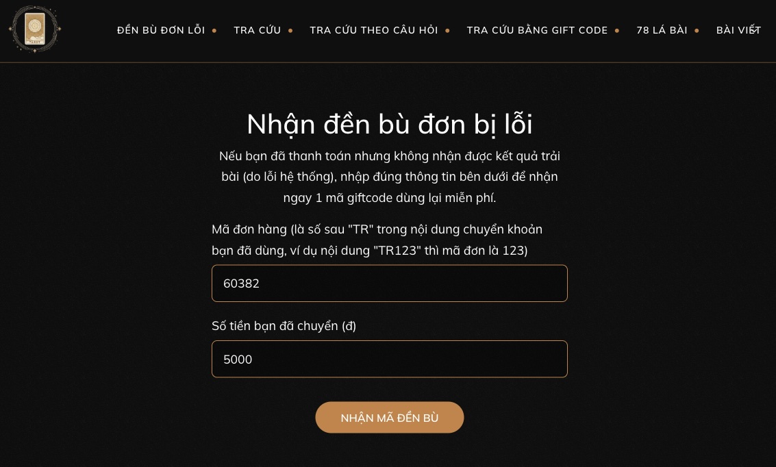 Đã điền mã đơn 60382 và số tiền 5000, chuẩn bị xác minh bảo mật