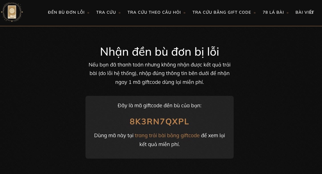 Màn hình minh họa nhận được mã giftcode đền bù (ảnh minh họa, mã thật sẽ khác)